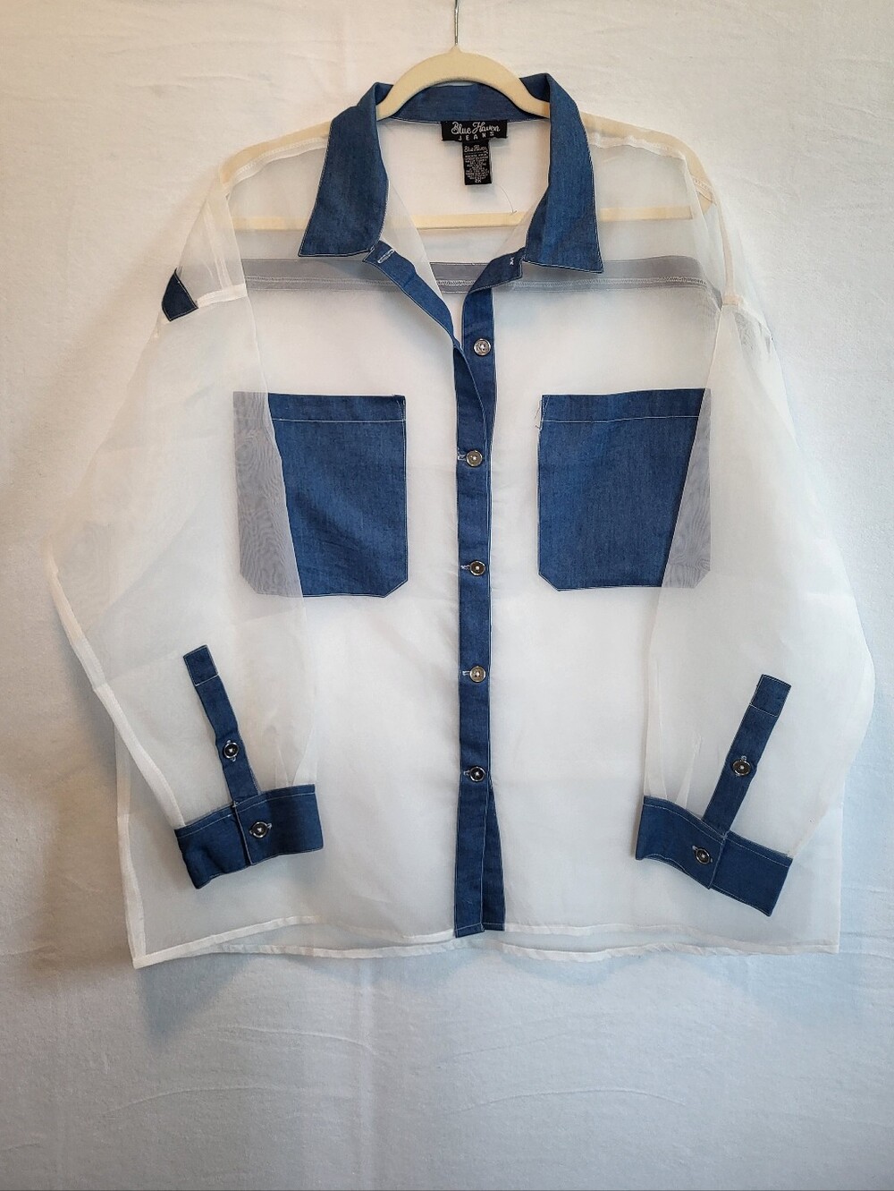 Blue Haven NWOT Sheer White Button-Up Shirt with Denim Trim Size 2X